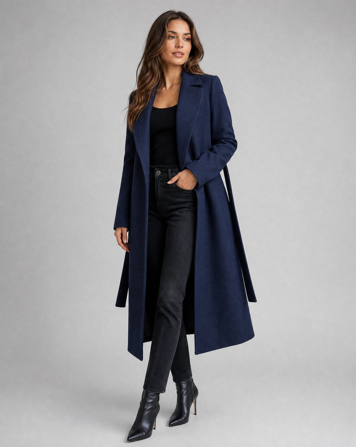 Belted Longline Coat with Notched Lapel and Welt Pockets 0