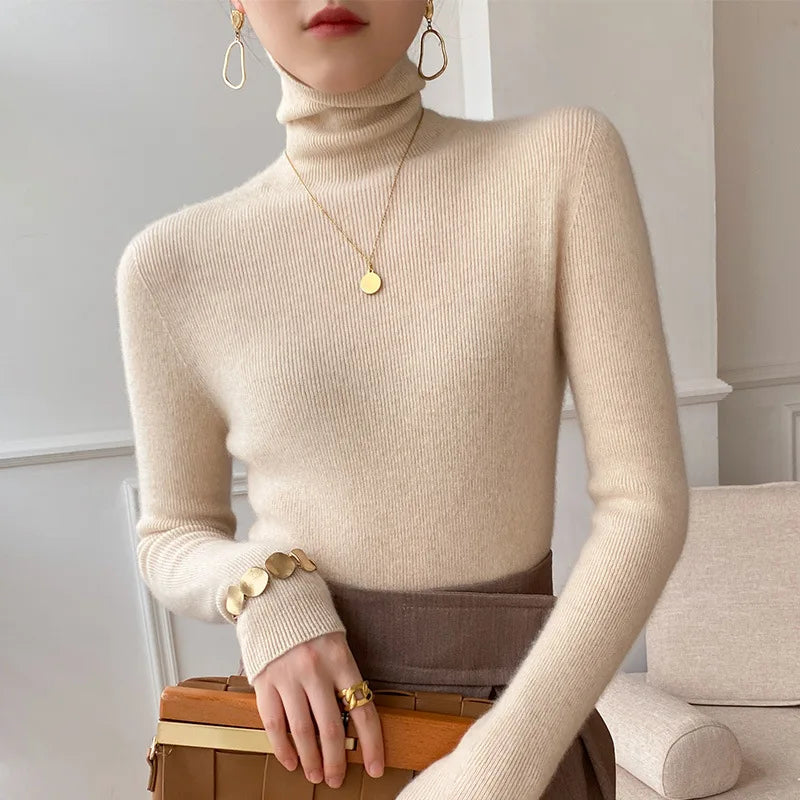 Fine Rib Turtleneck Sweater with a Folded Collar and Slim Fit