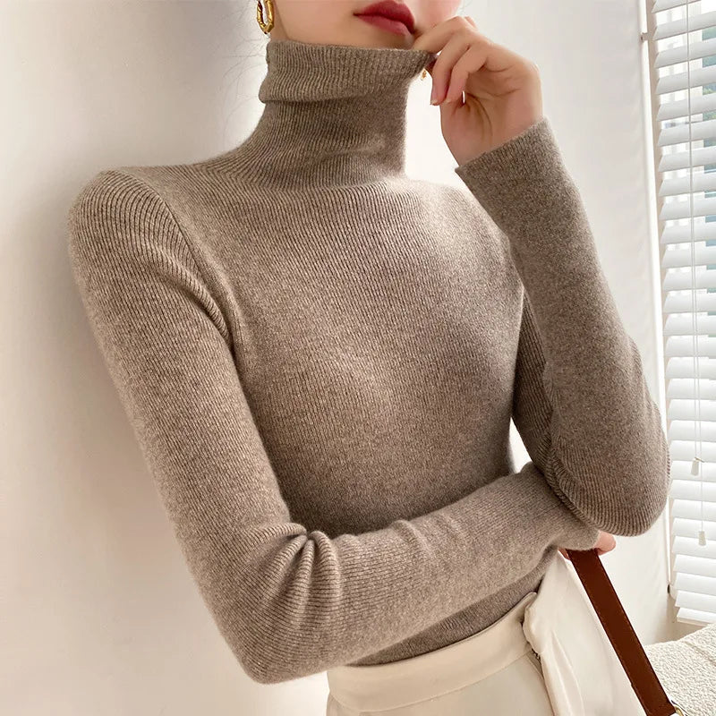 Fine Rib Turtleneck Sweater with a Folded Collar and Slim Fit