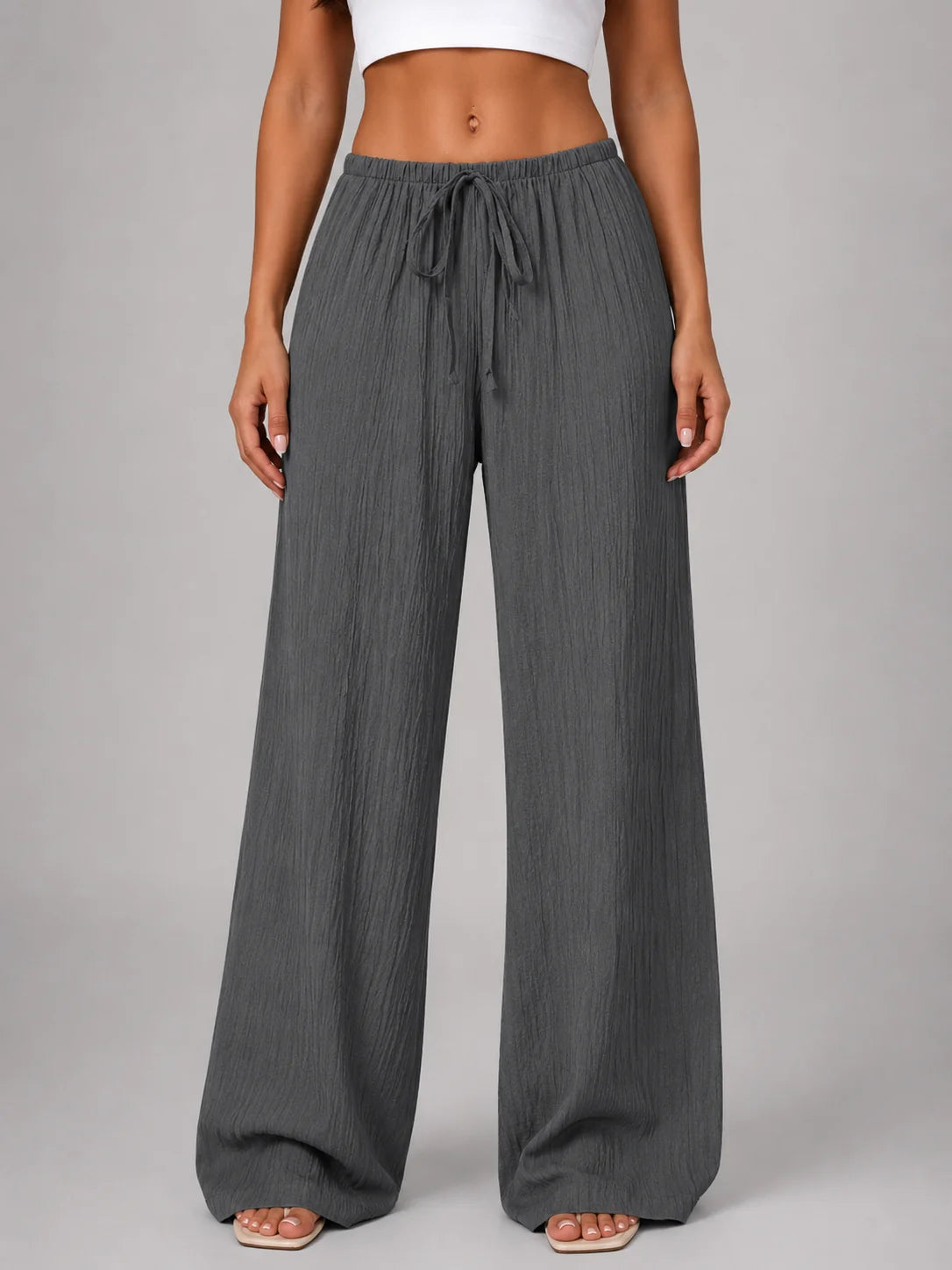 Crinkle Wide Leg Trousers with a Drawstring Waist and Pockets