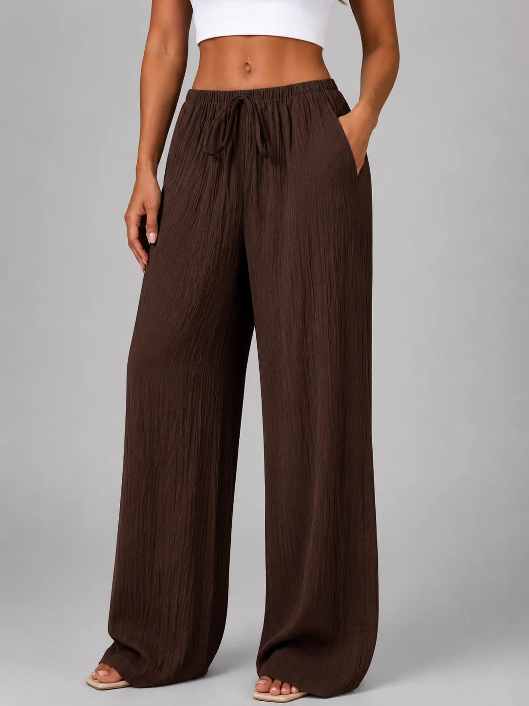 Crinkle Wide Leg Trousers with a Drawstring Waist and Pockets