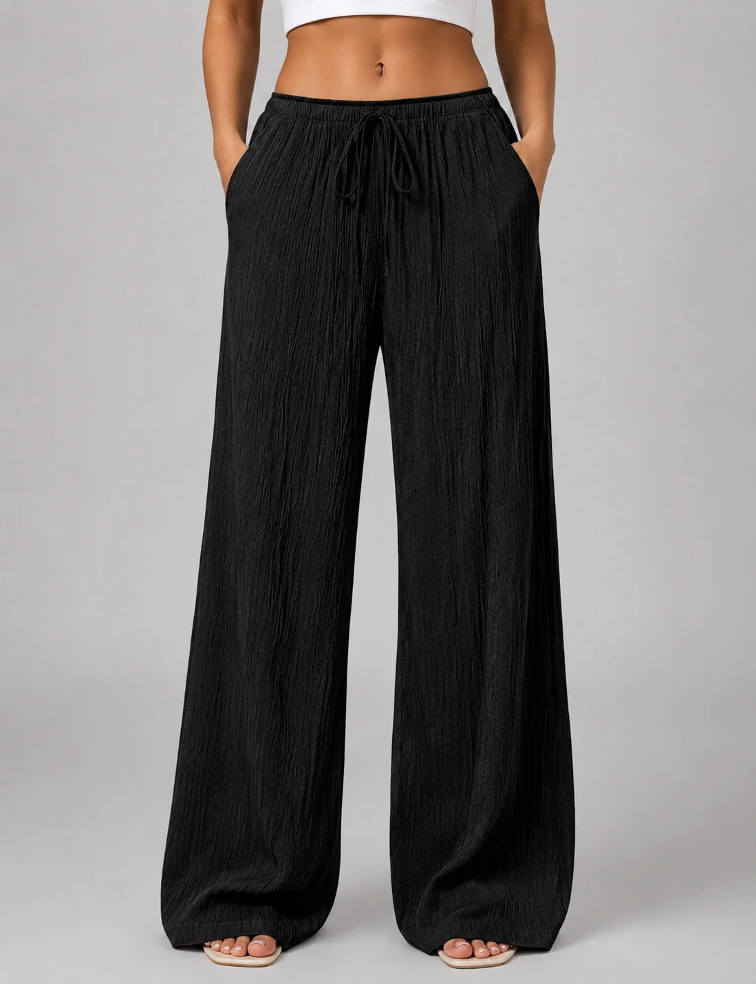Crinkle Wide Leg Trousers with a Drawstring Waist and Pockets