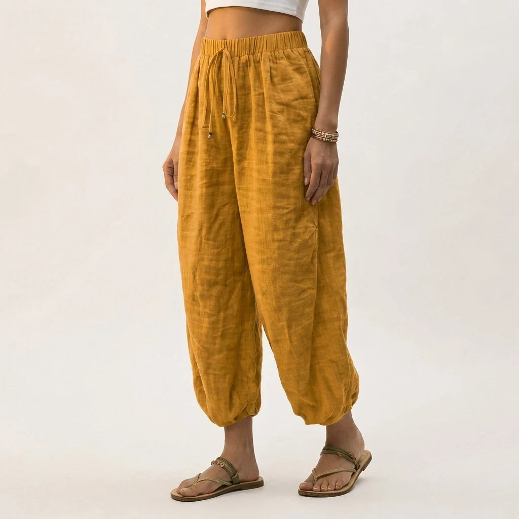 Linen-Look Trousers with a Drawstring Waist and Gathered Cuffs