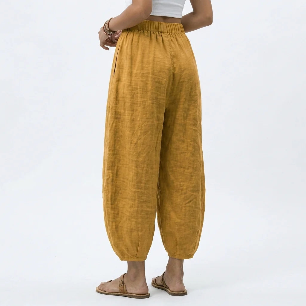 Linen-Look Trousers with a Drawstring Waist and Gathered Cuffs
