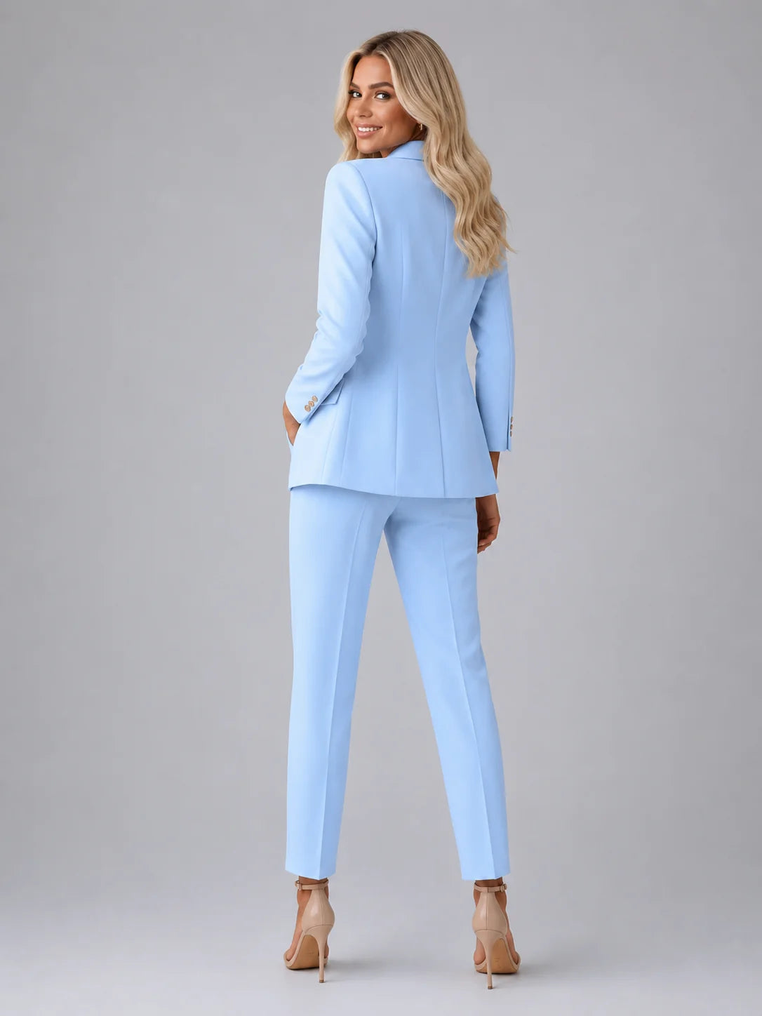 Double-Breasted Blazer and Slim Trouser Set with Gold Buttons