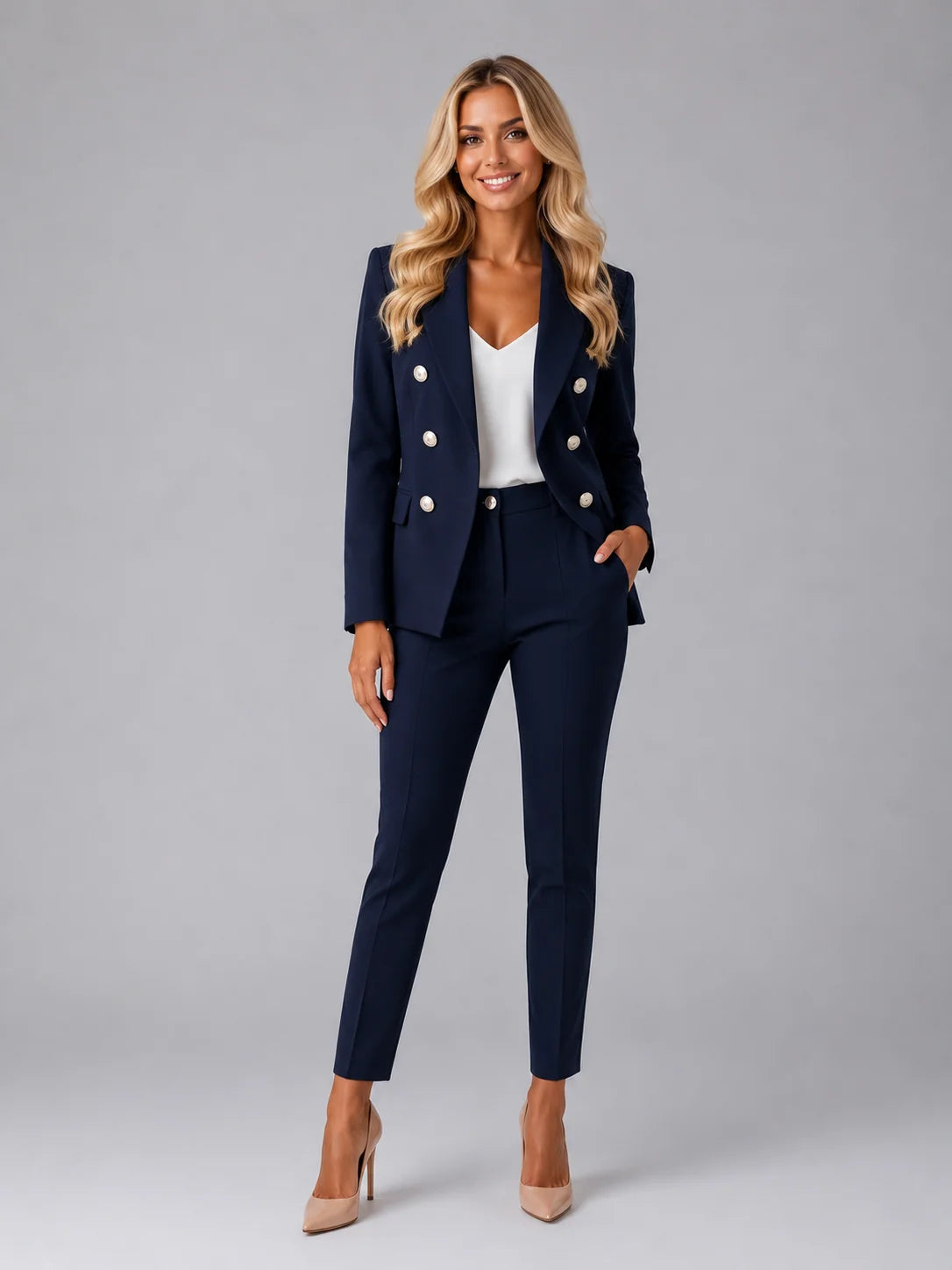 Double-Breasted Blazer and Slim Trouser Set with Gold Buttons