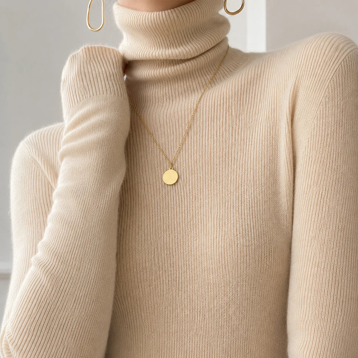 Fine Rib Turtleneck Sweater with Buttoned Cuffs and a Slim Fit