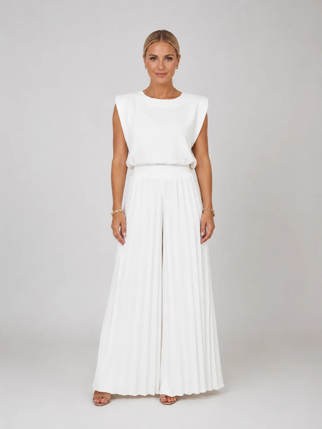 Accordion Pleated Trouser Set with a Sleeveless Boxy Top