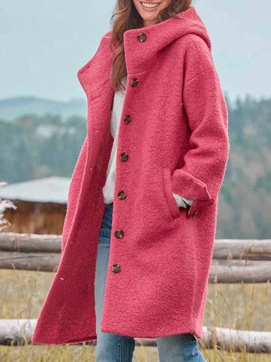 Hooded Mid-Length Coat with a Button Front and Side Pockets 1