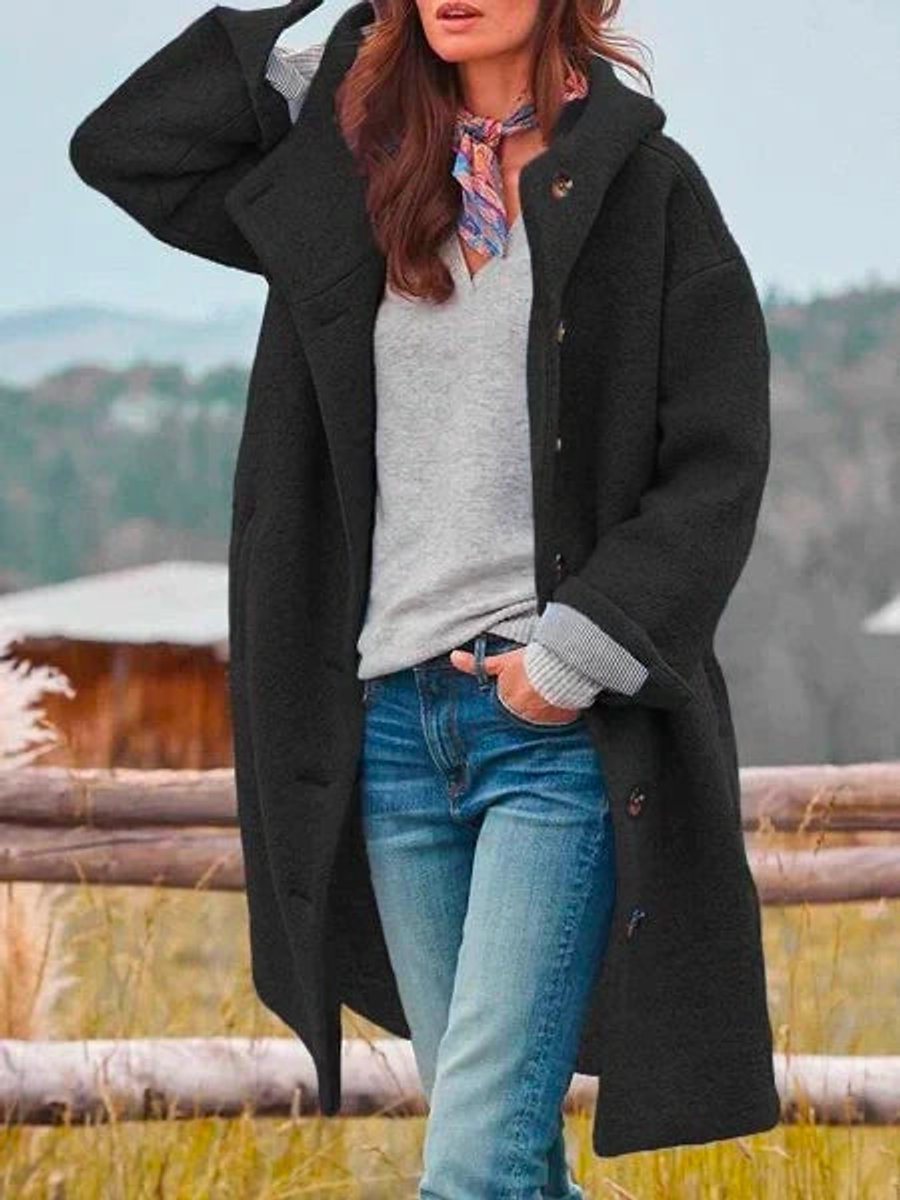 Hooded Mid-Length Coat with a Button Front and Side Pockets 3