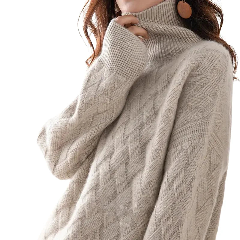 Basketweave Knit Turtleneck Sweater with a Relaxed Cut