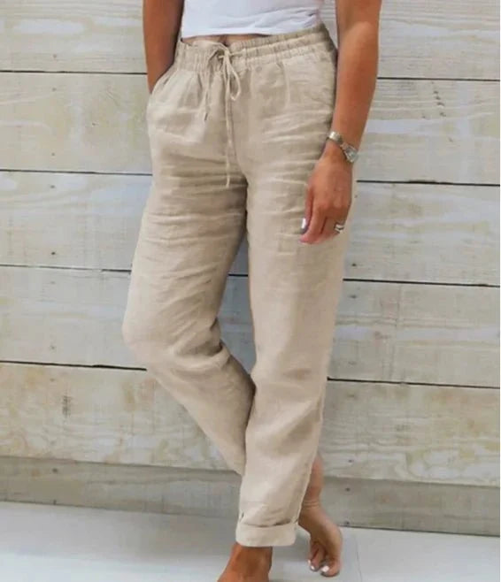 Linen-Look Trousers with a Drawstring Waist and a Turned-Up Hem