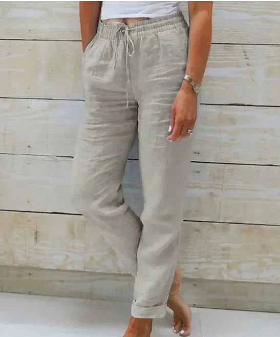 Linen-Look Trousers with a Drawstring Waist and a Turned-Up Hem