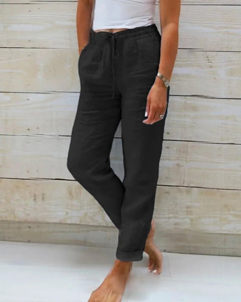 Linen-Look Trousers with a Drawstring Waist and a Turned-Up Hem