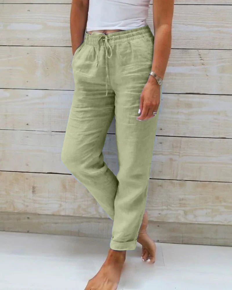 Linen-Look Trousers with a Drawstring Waist and a Turned-Up Hem