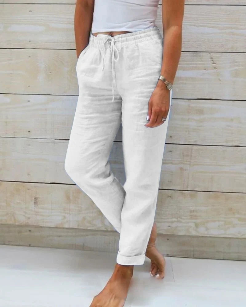 Linen-Look Trousers with a Drawstring Waist and a Turned-Up Hem