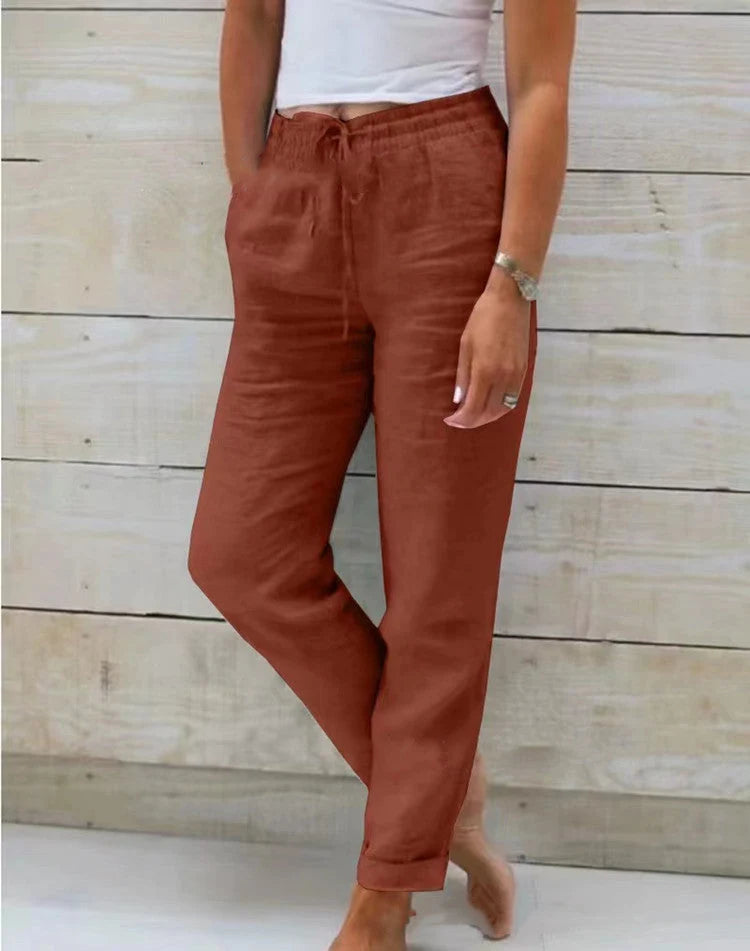 Linen-Look Trousers with a Drawstring Waist and a Turned-Up Hem