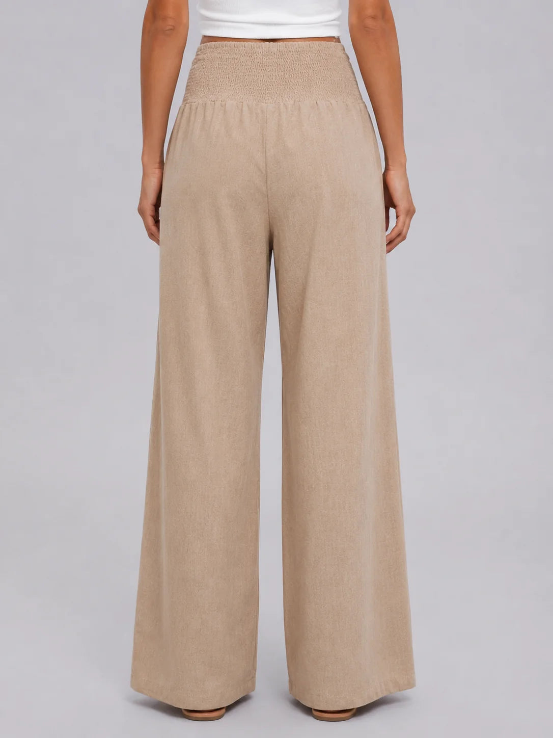 Linen-Look Wide Leg Trousers with a Smocked Waistband