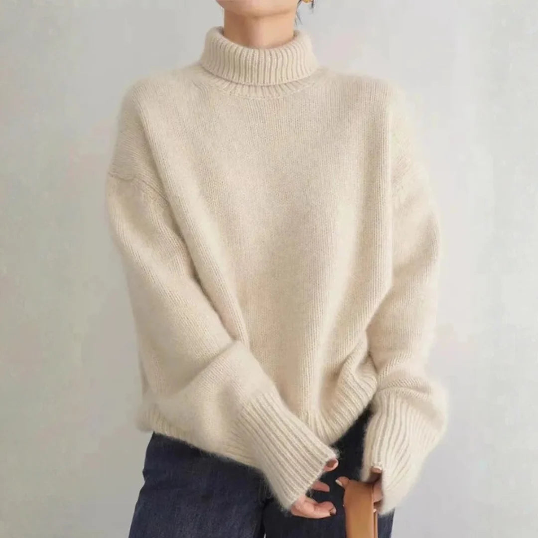 Brushed Turtleneck Sweater with Dropped Shoulders and a Side Slit