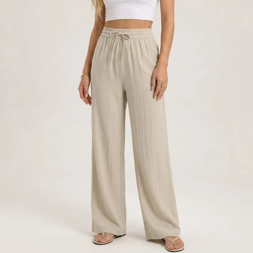 Wide Leg Trousers with a Drawstring Waist and Side Pockets