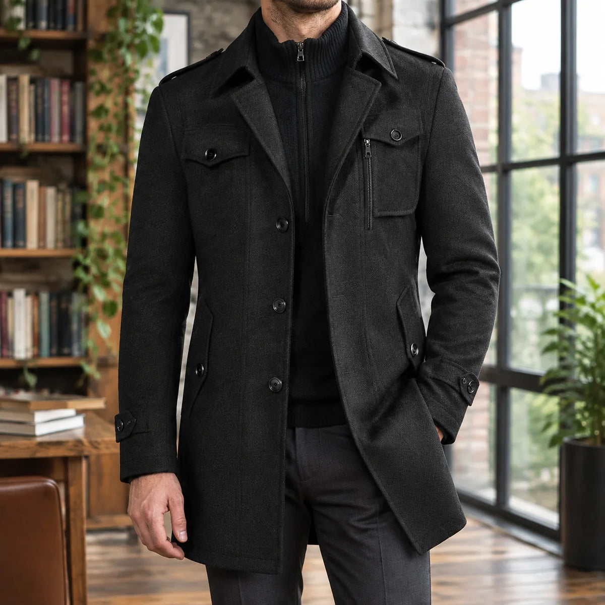 Oren Men's Wool Coat | Tailored Mid-Thigh, Funnel Collar 0
