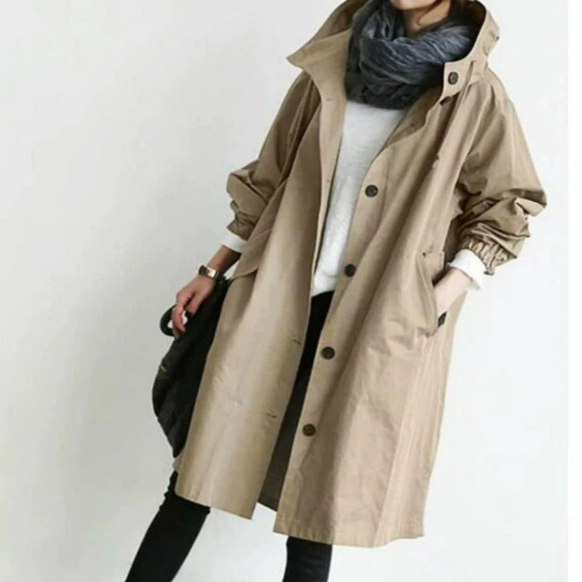 Oversized Midi Trench Coat with a Single-Button Front and Elasticated Cuffs 1
