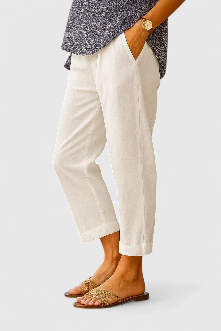 Cropped Linen-Look Trousers with a Turned-Up Hem and Pockets