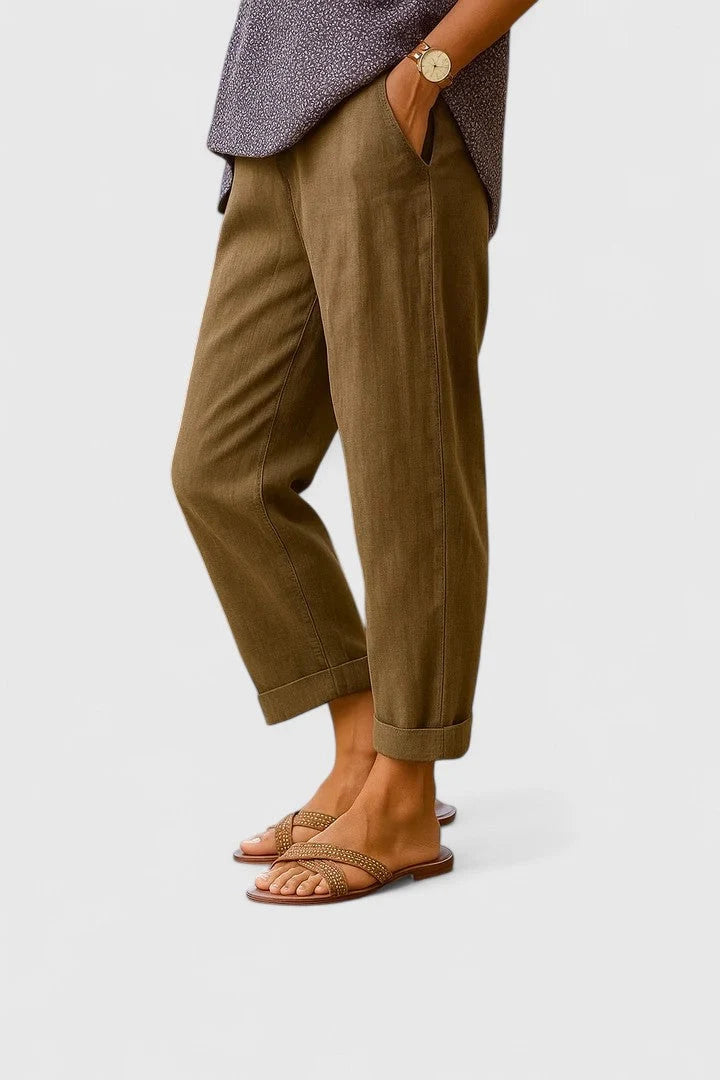 Cropped Linen-Look Trousers with a Turned-Up Hem and Pockets