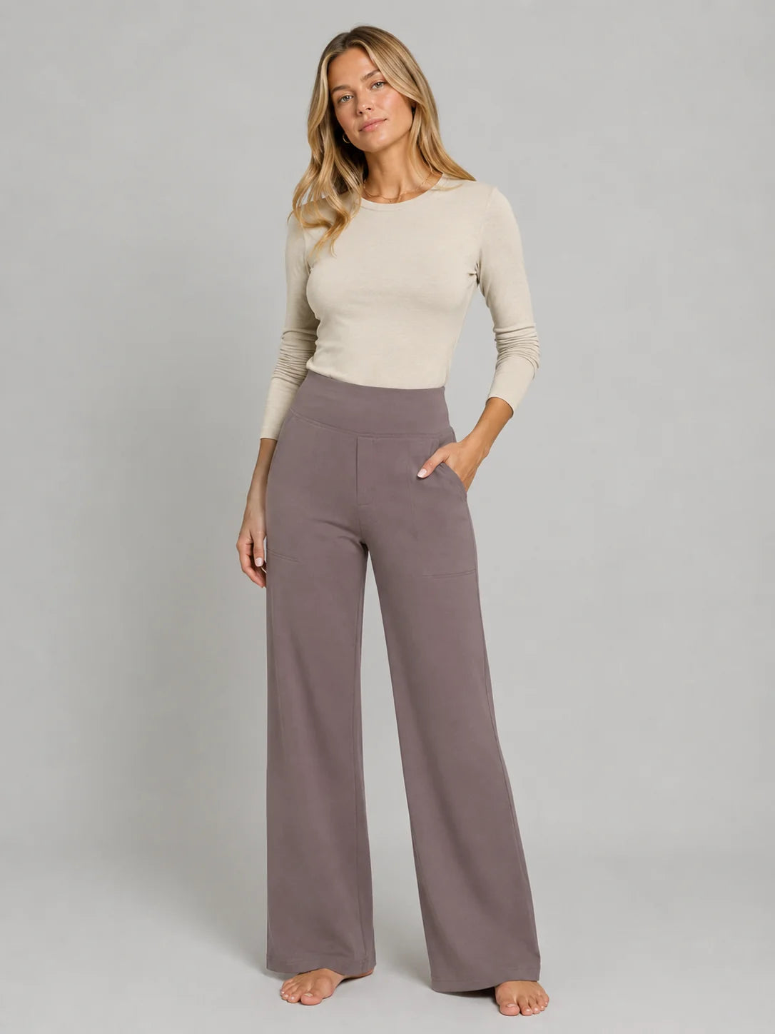 Knit Trousers with a Wide Waistband and Patch Pockets
