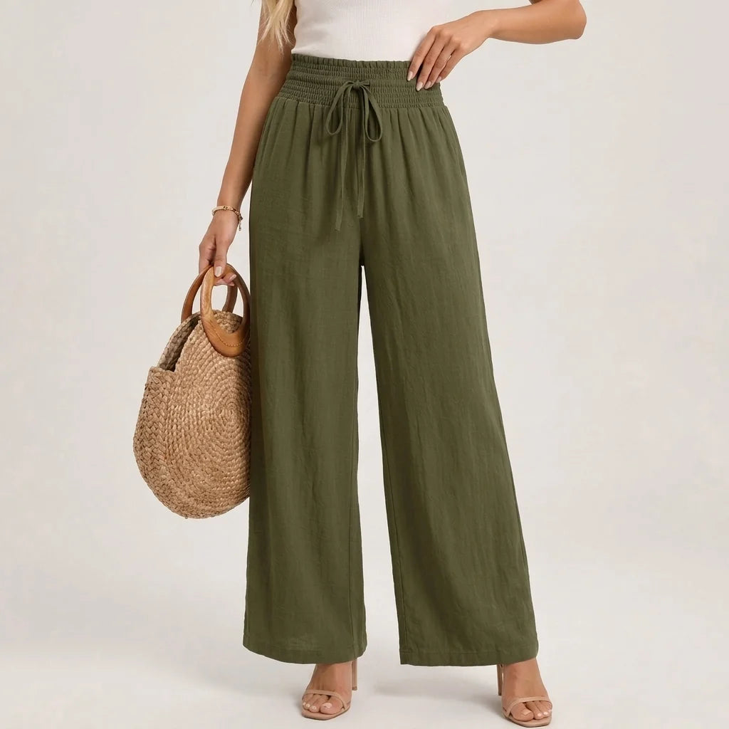 Linen-Look Wide Leg Trousers with a Drawstring Waist and Pockets