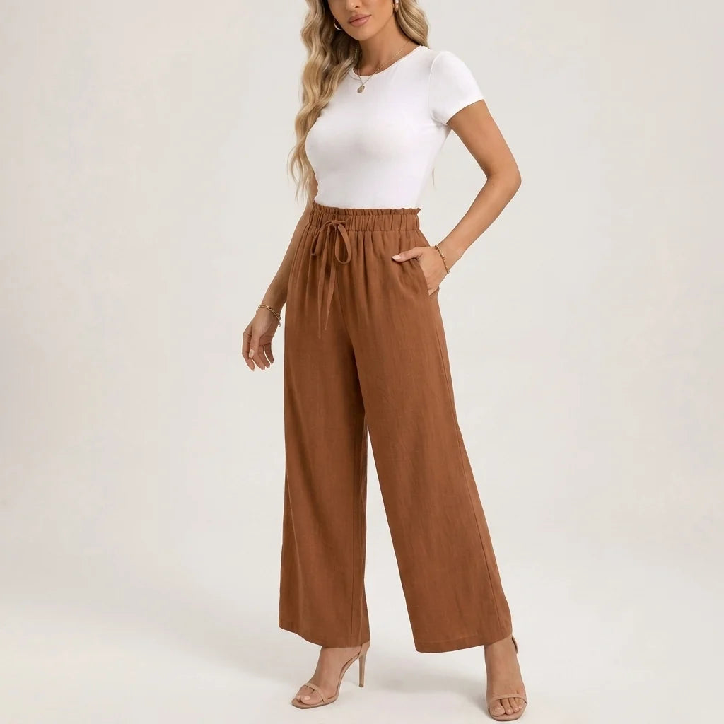 Linen-Look Wide Leg Trousers with a Drawstring Waist and Pockets