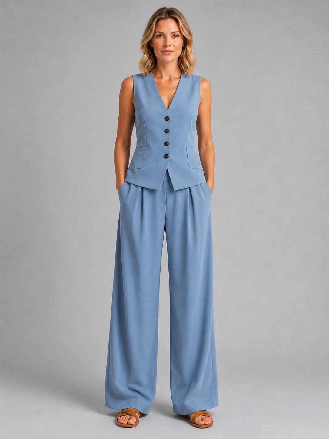 Button Front Waistcoat and Pleated Trouser Set with Pockets