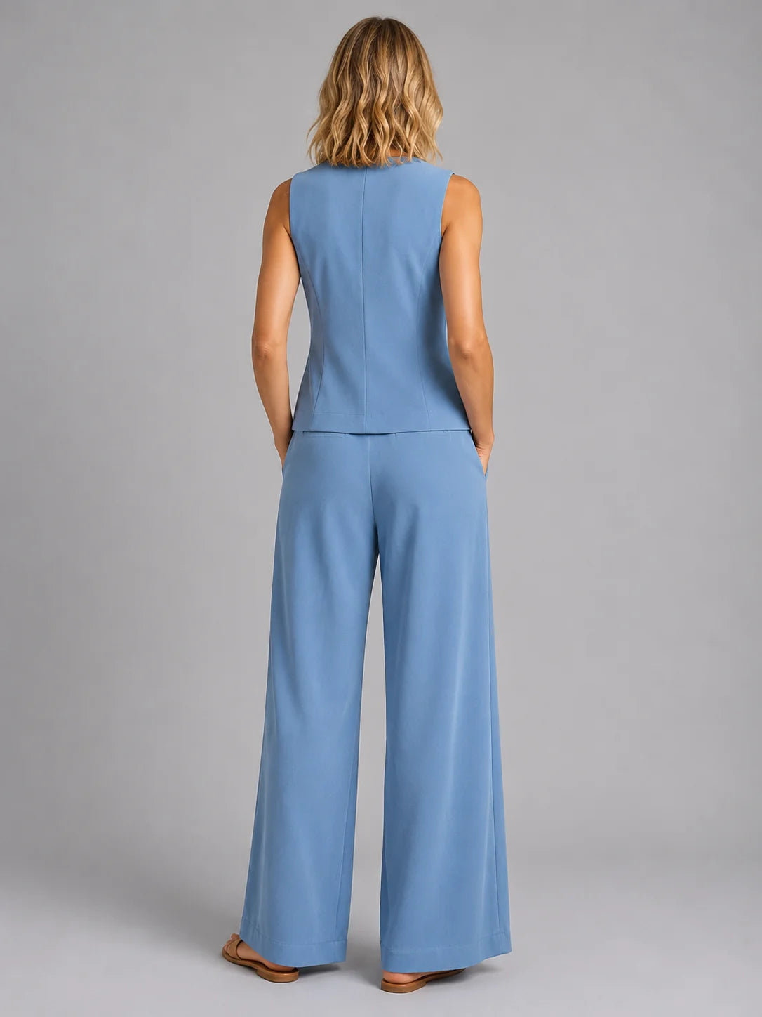 Button Front Waistcoat and Pleated Trouser Set with Pockets