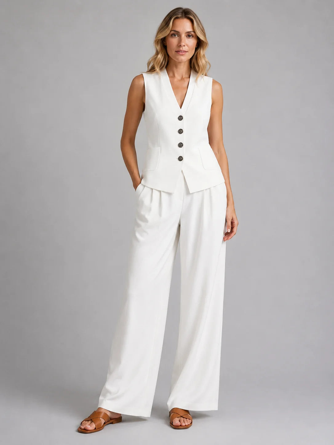 Button Front Waistcoat and Pleated Trouser Set with Pockets