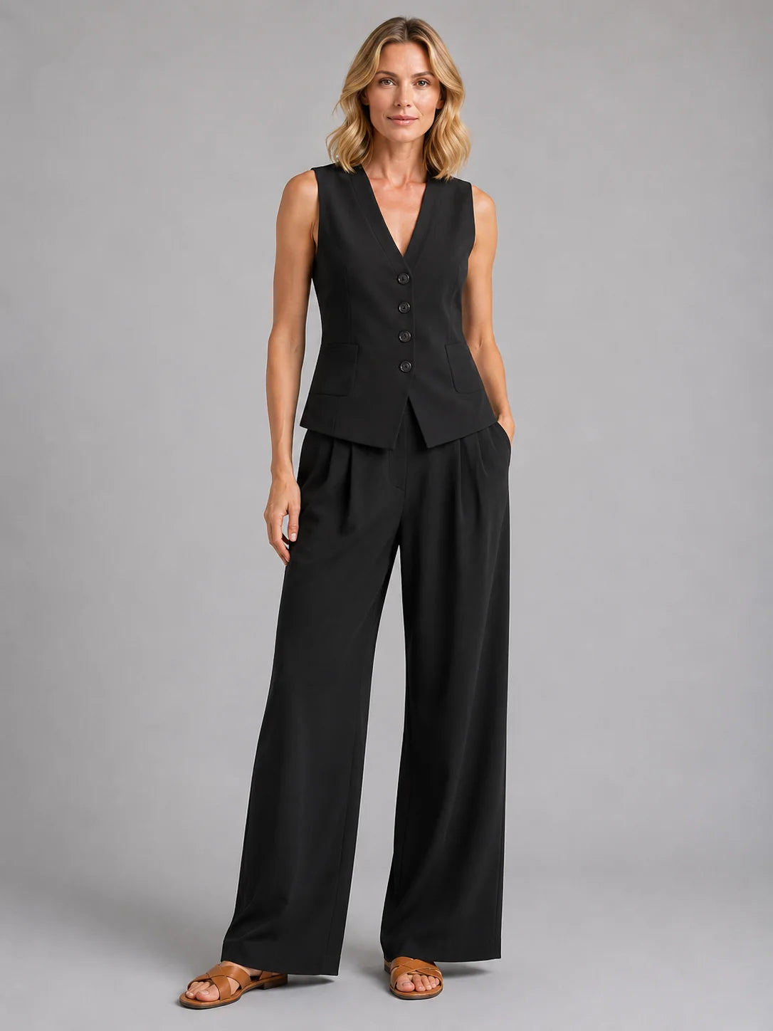 Button Front Waistcoat and Pleated Trouser Set with Pockets