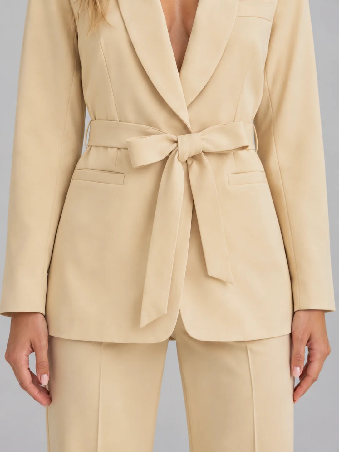 Shawl Collar Blazer and Wide Leg Trouser Set with a Tie Belt