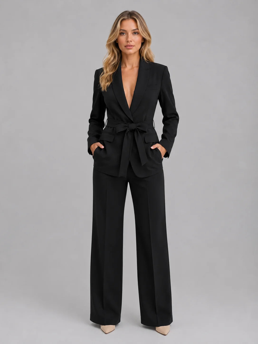 Shawl Collar Blazer and Wide Leg Trouser Set with a Tie Belt