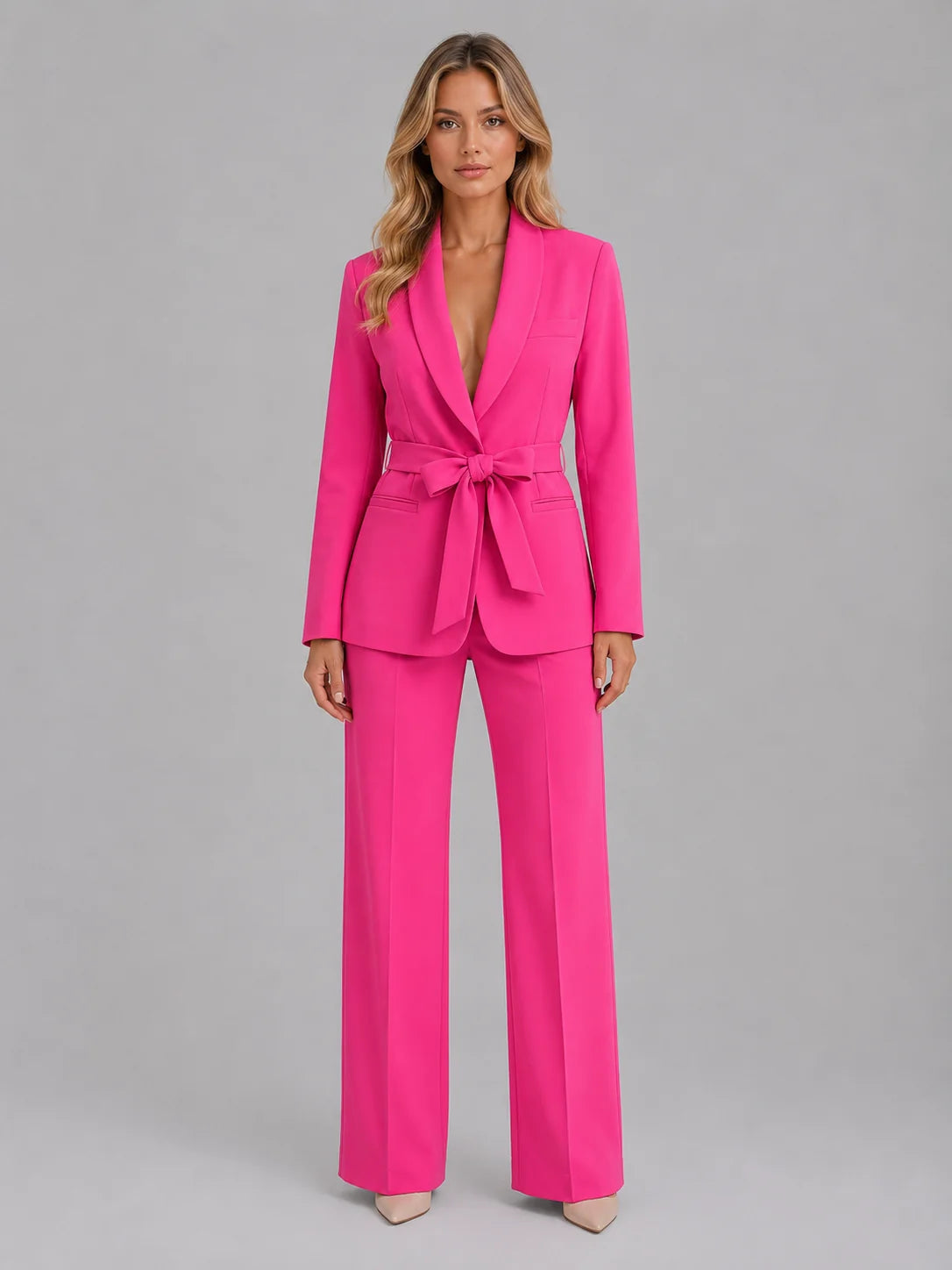 Shawl Collar Blazer and Wide Leg Trouser Set with a Tie Belt