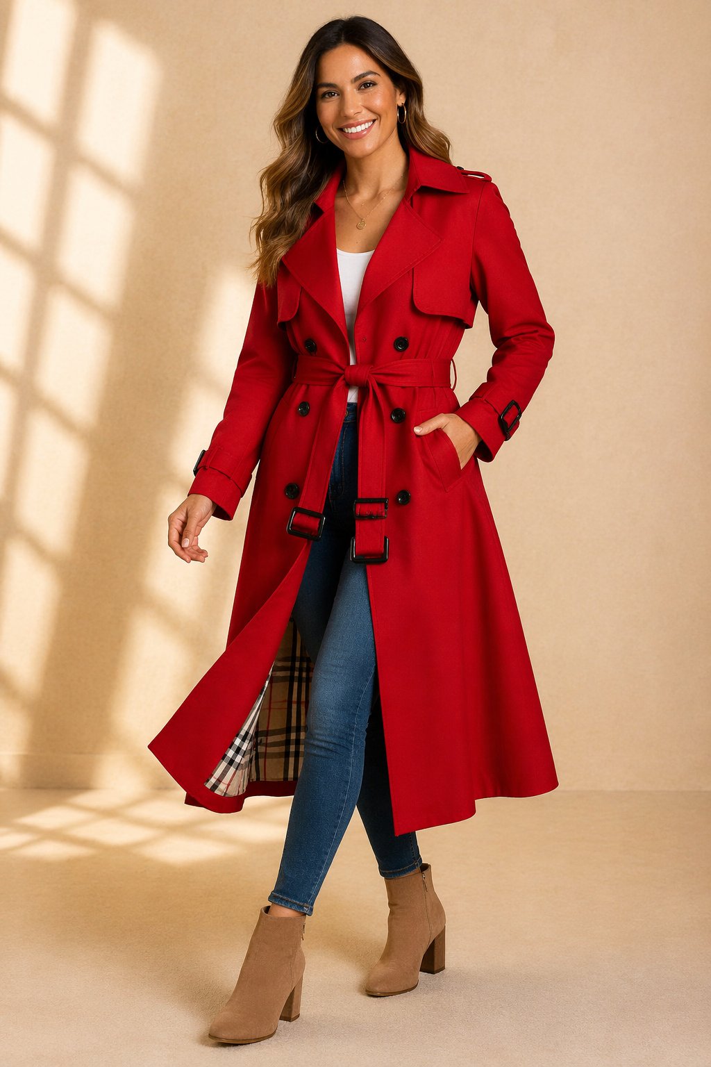 Belted Trench Coat with a Double-Breasted Front and Long Line in Red