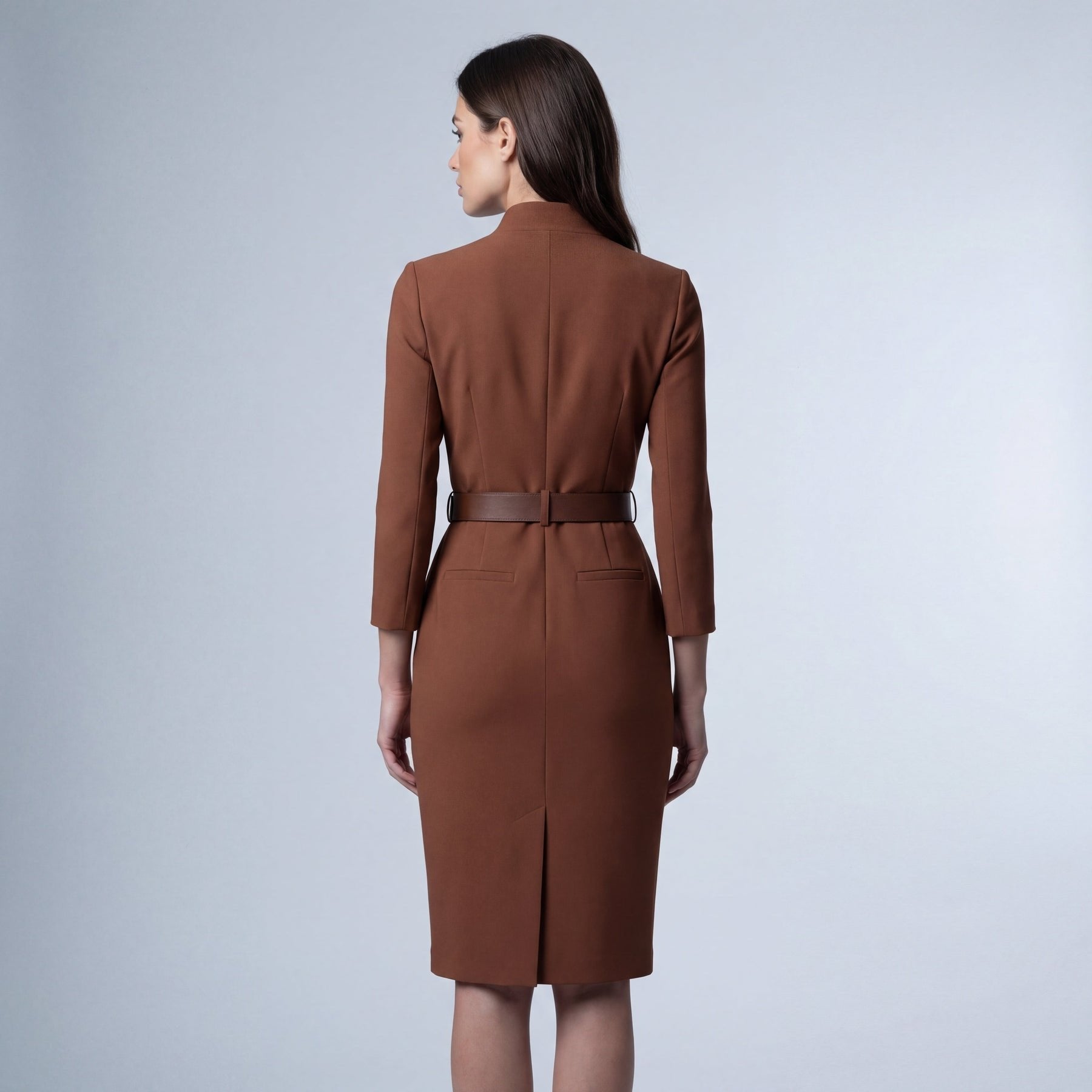 Belted Wrap Midi Dress with a V Neck and Long Sleeves