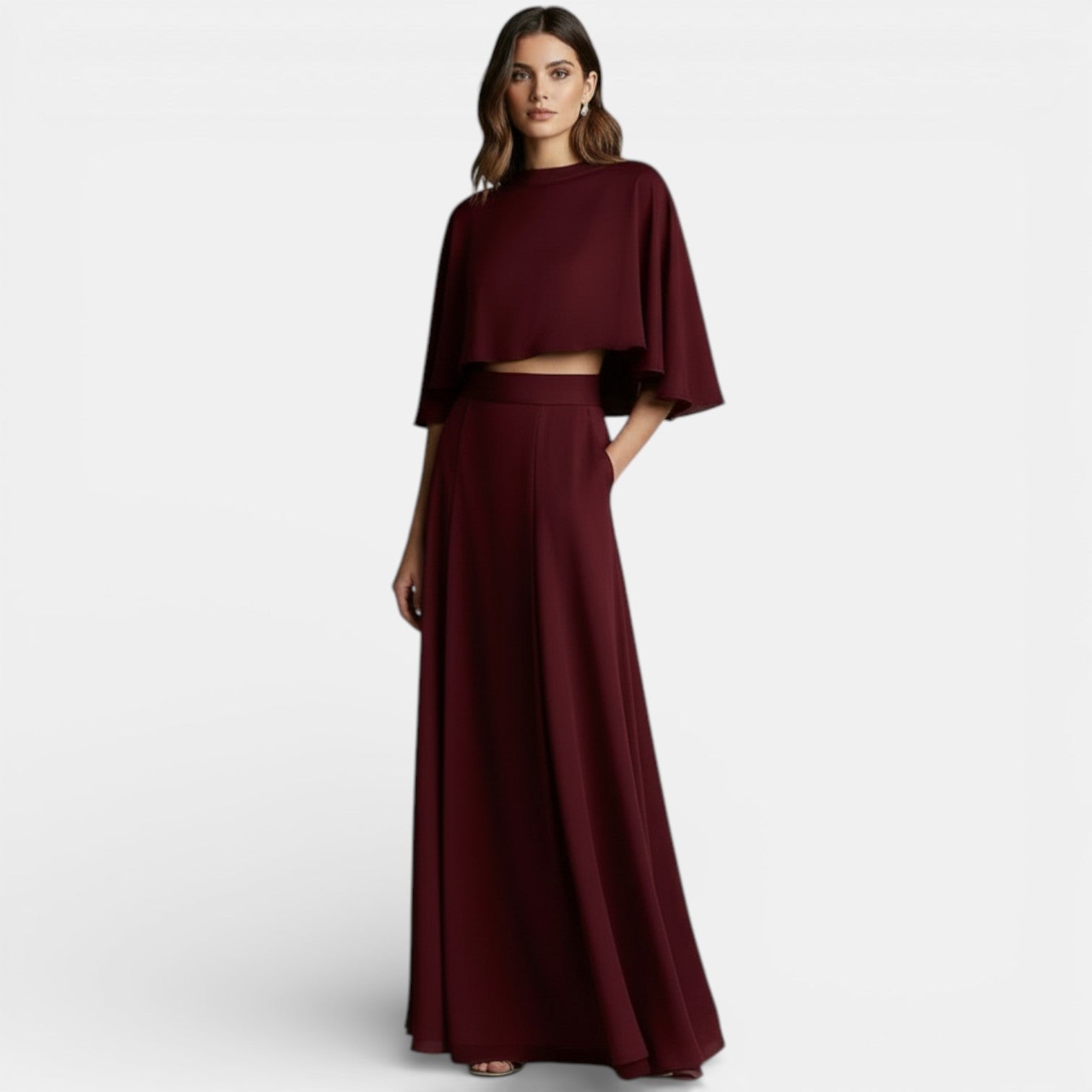 Cape Top and Maxi Skirt Two-Piece Set with a High Neckline in Red