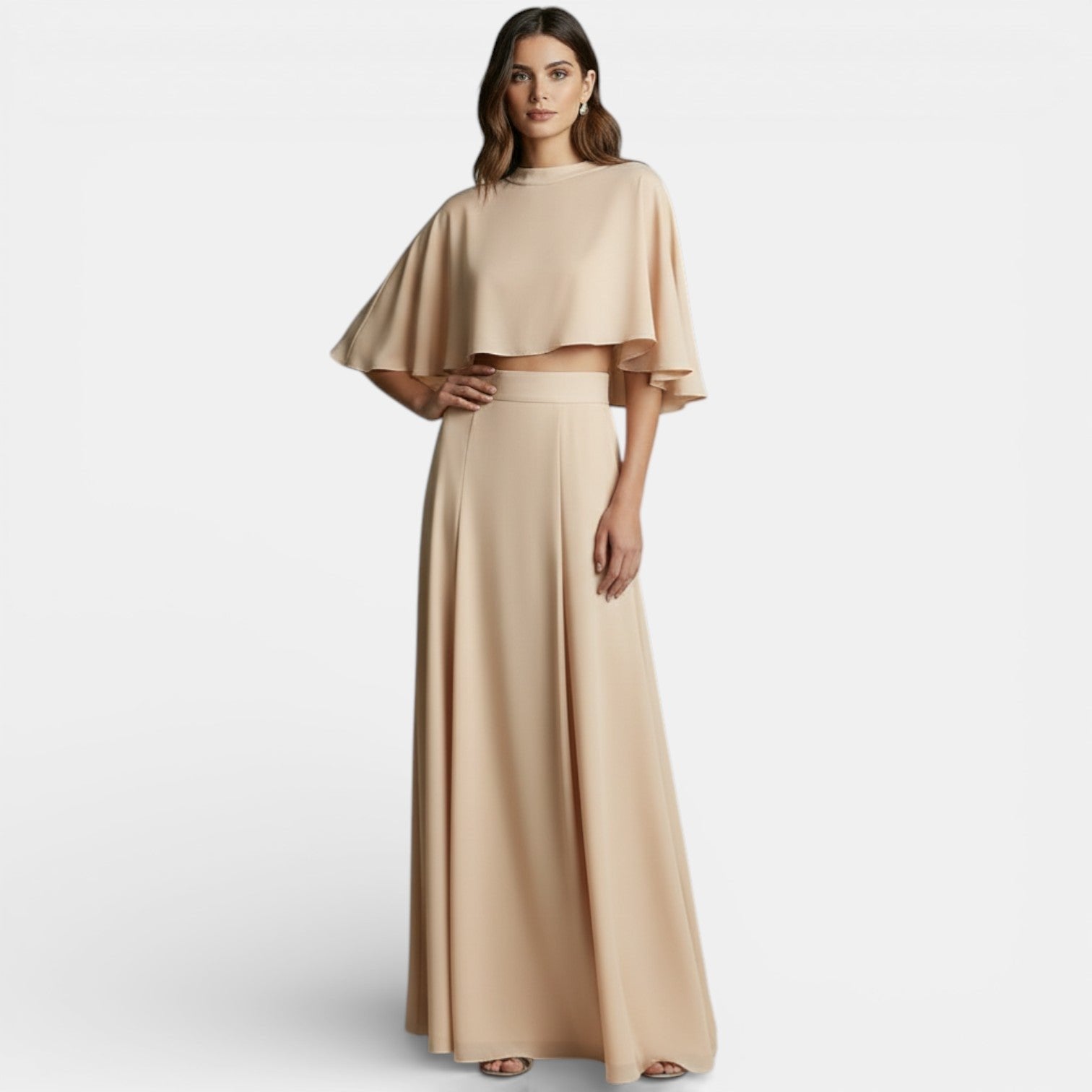Cape Top and Maxi Skirt Two-Piece Set with a High Neckline in Beige