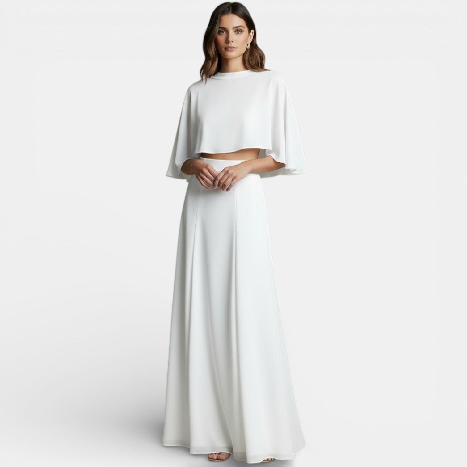 Cape Top and Maxi Skirt Two-Piece Set with a High Neckline in White