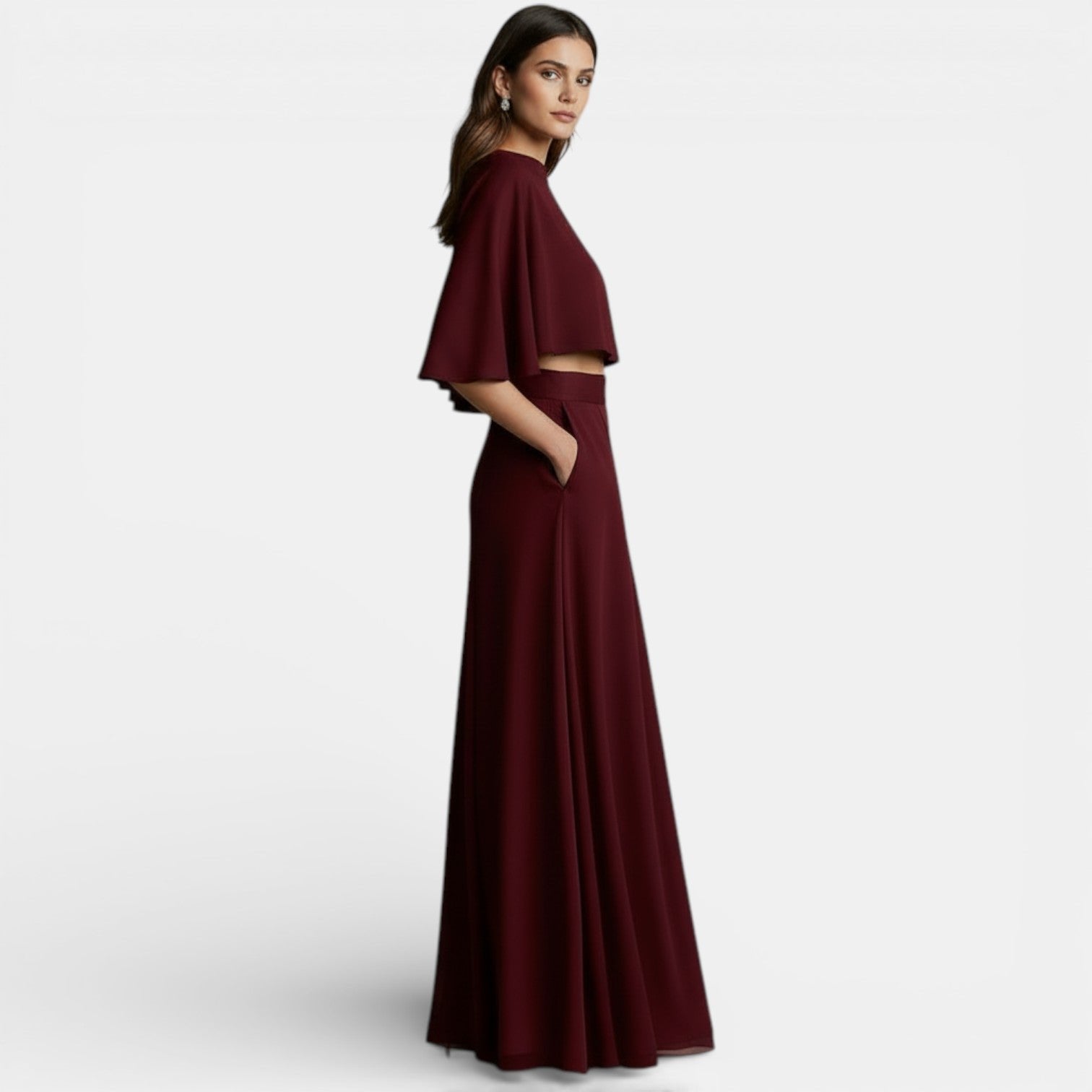 Cape Top and Maxi Skirt Two-Piece Set with a High Neckline