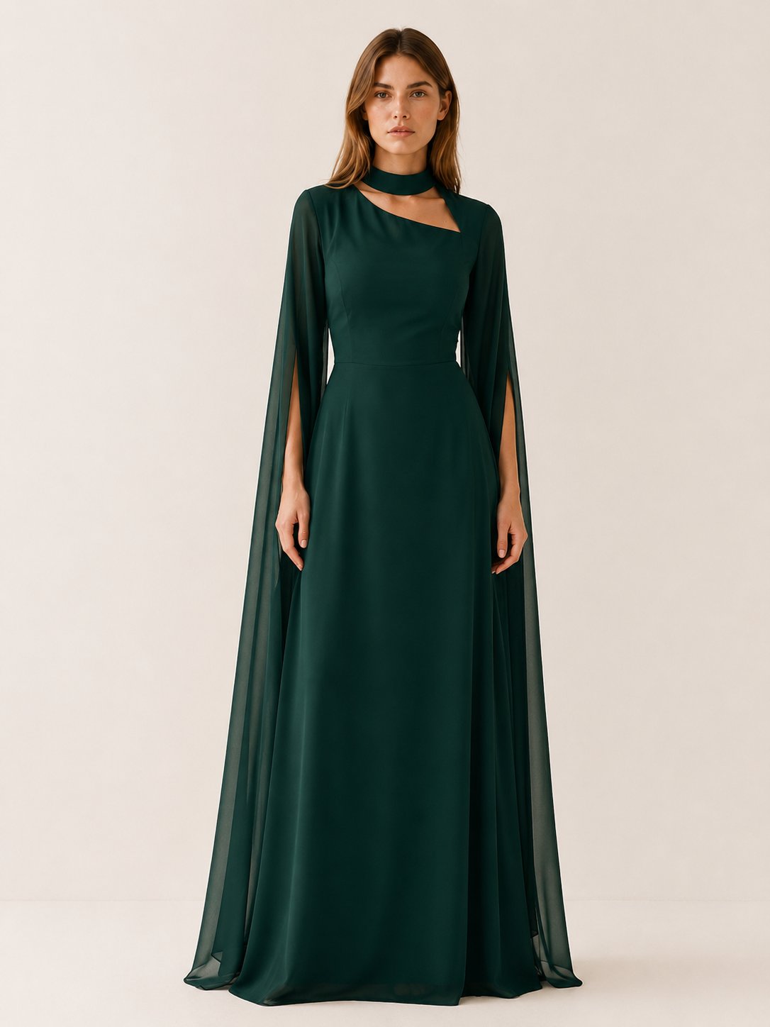 Chiffon Maxi Dress with Cape Sleeves and an Asymmetric Neck in Dark Green