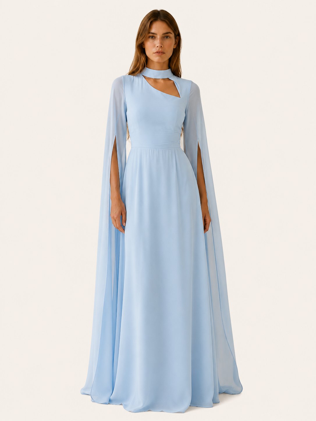 Chiffon Maxi Dress with Cape Sleeves and an Asymmetric Neck in Light Blue