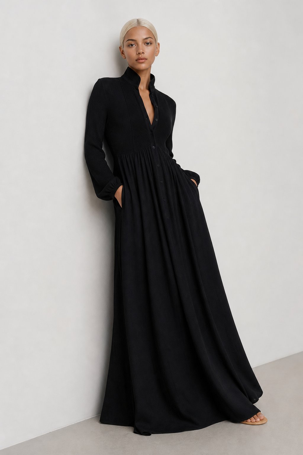 Collared A-Line Maxi Dress with a Deep Placket and Pleats in Black