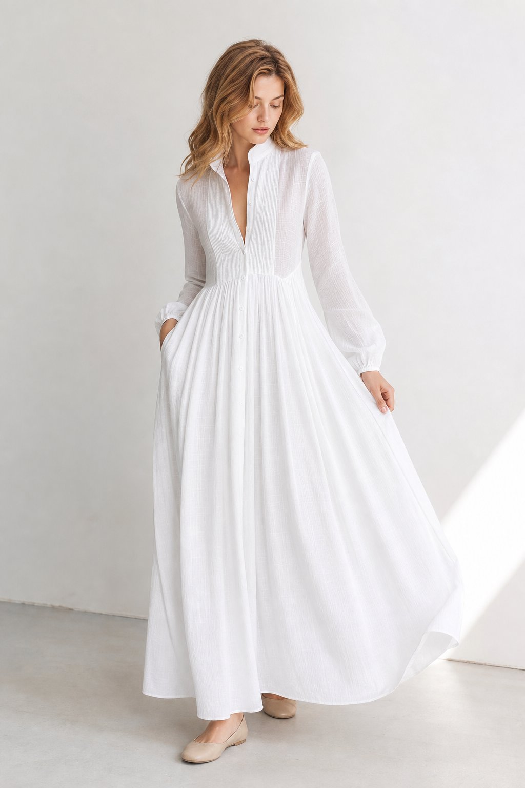 Collared A-Line Maxi Dress with a Deep Placket and Pleats