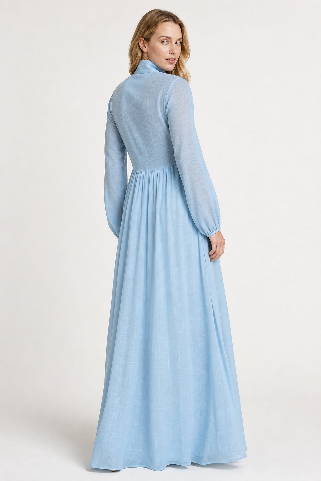 Collared A-Line Maxi Dress with a Deep Placket and Pleats