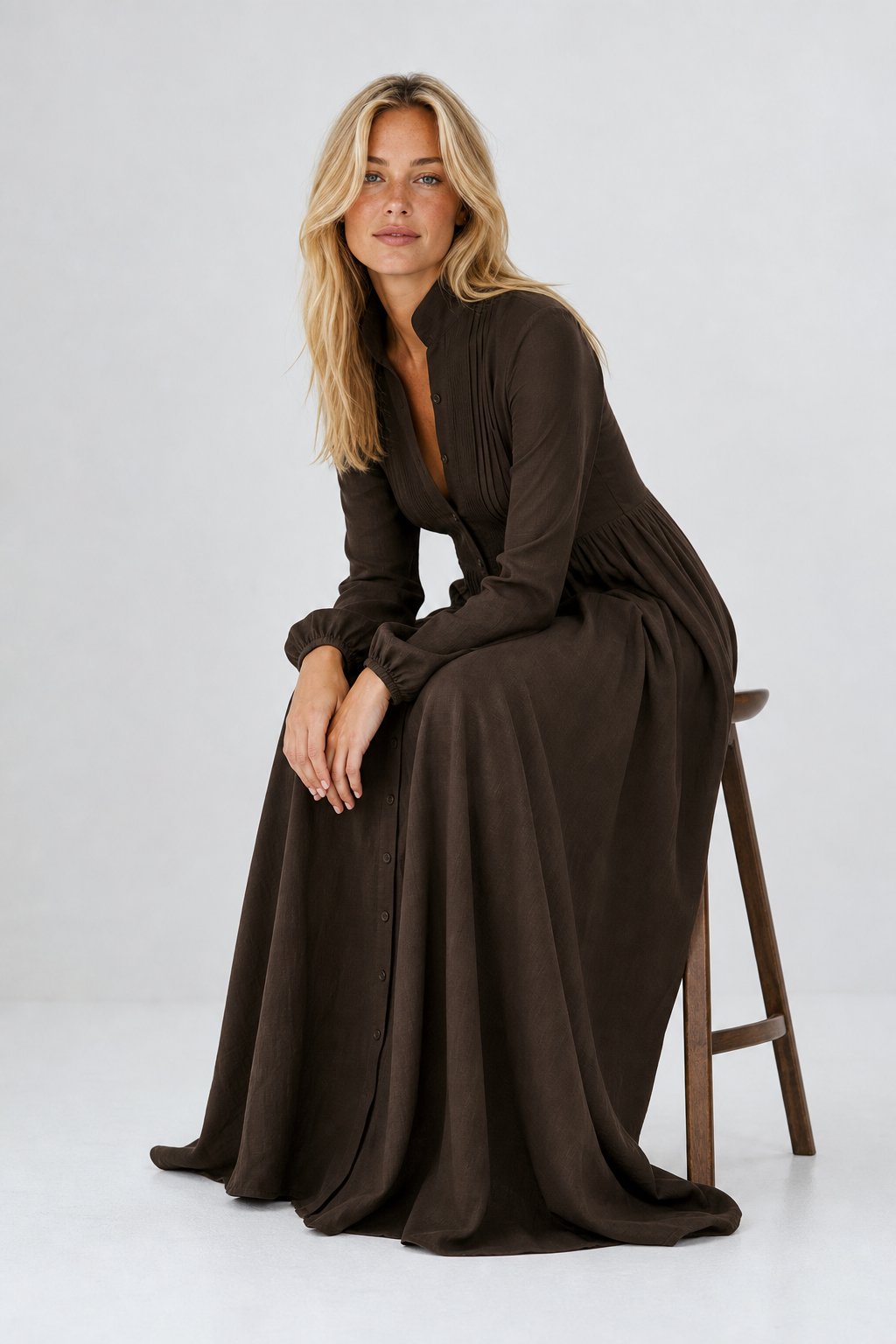 Collared A-Line Maxi Dress with a Deep Placket and Pleats